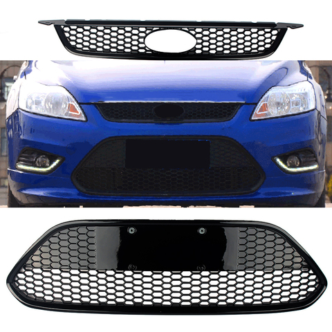 Front & Lower Grille Bumper Honeycomb Gill For Ford Focus 2009 2010 2011 2012 2013 2014 2015 Hatchback Sedan Glossy Black ► Photo 1/6