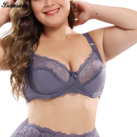 Beauwear Lace Perspective Bras Women Sexy Floral  Lingerie 3/4 Cup  Deep V Boost Push Up Plus Size C D DD E 85 90 95 100 105 110 ► Photo 1/6