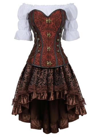 corset skirt 3 piece leather dress bustiers corset steampunk pirate lingerie corsetto irregular burlesque plus size black brown ► Photo 1/3