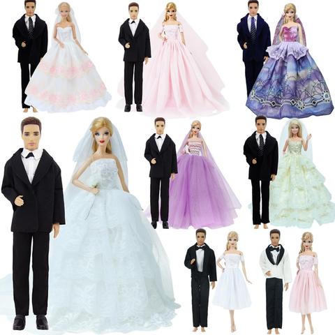 2 Set Outfits Men's Suit Tuxedo + Wedding Dress Layered Ball Gown Princess Dollhouse Accessories Clothes for Barbie Ken Doll Toy ► Photo 1/6