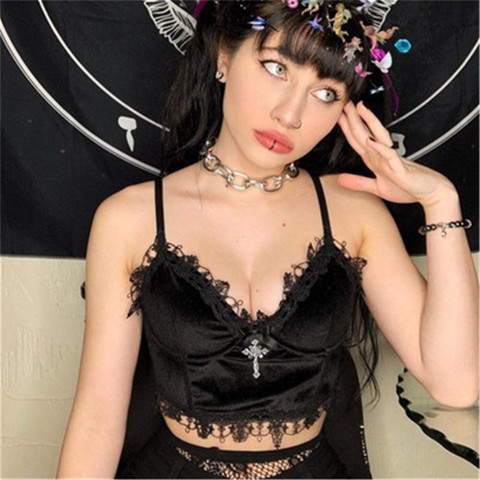 Velvet Y2K Mall Goth Crop Tops  Black Lace Trim Emo Alternative Aesthetic Crop Tops Women Backless Sexy Strap Tanks ► Photo 1/5