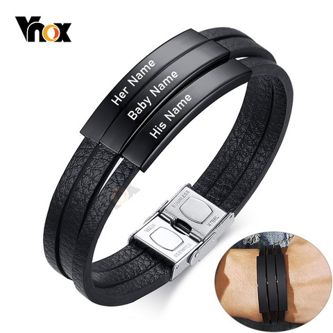 Vnox Personalize Engrave Name Men Multi-Layer Black Leather Wrap Bracelets Custom BFF Family Love Gifts Jewelry ► Photo 1/6