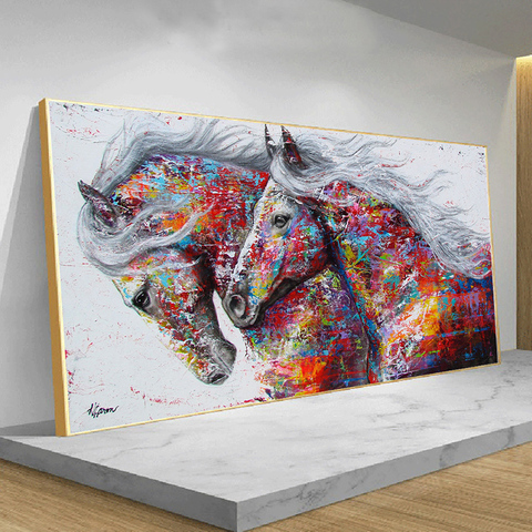 Abstract Colorful Two Running Horses Poster Canvas Painting Print  Wall Art Pictures for Living Room Cuadros Home Decor ► Photo 1/6