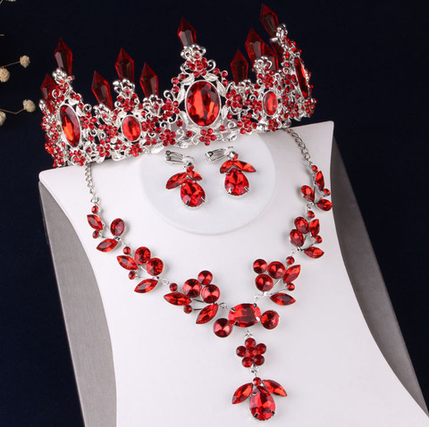 Luxury Silver Plated Red Crystal Flowers Bridal Jewelry Sets Rhinestone Tiaras Crown Necklace Earrings Wedding Dubai Jewelry Set ► Photo 1/6