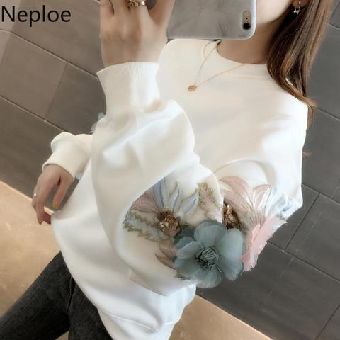 Neploe Thicked Flower Embroidery Hoodies O Neck Long Sleeve Ins Warm Sweatshirt Autumn Spring 2022 New Solid Ladies Top 48207 ► Photo 1/6