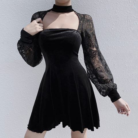 Black Dress Women Gothic Lantern Long Sleeve Lace Velvet Patchwork Dress 2022 New Fashion Club Party Casual Dark Dress Female ► Photo 1/6