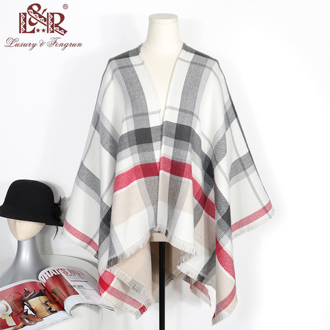 2022 Double-Sided Cashmere Winter Poncho One Side Plaid Thicker Shawls and Wraps The other Side Solid Women Cardigan Pashmina ► Photo 1/6