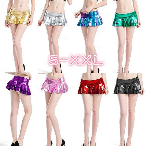 Gold Shiny Sexy Low Waist Luminous Miniskirt Women Metallic Faux Leather Pleated Night Club Bar PU Fantasy Mini Skirt ► Photo 1/6