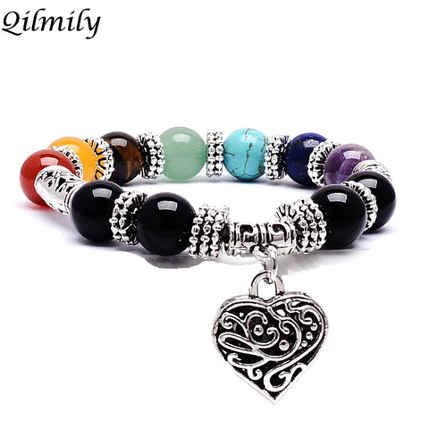 Lgbt 7 Chakra Stone Bead Bracelet Bangle for Women Men Peach Heart Charm Rainbow Healing Reiki Prayer Buddha Jewelry Gift Couple ► Photo 1/6