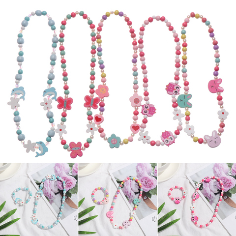 Baby Handmade Necklace Girl Beads Toys Butterflies Flowers Necklace+Bracelet