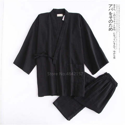 Traditional Japanese Men Kimono Yukata Cotton Leisure Home Bathrobe Men Casual Solid Pajamas Sleepwear Samurai Clothing Set ► Photo 1/6