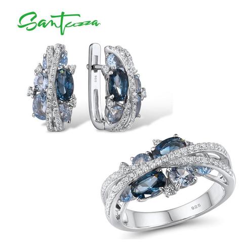 SANTUZZA Genuine 925 Silver Jewelry Set For Women Sparkling Blue Spinel Earrings Ring Set Delicate Luxury Party Fine Jewelry ► Photo 1/6