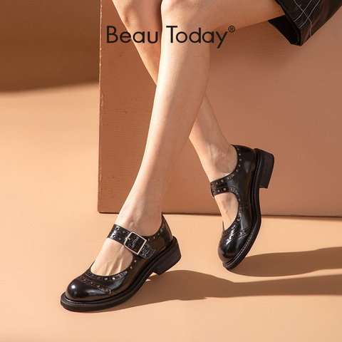 BeauToday Lolita Shoes Women Cow Leather Mary Janes Round Toe Hollow Design Buckle Straps Ladies Shallow Flats Handmade 28219 ► Photo 1/6