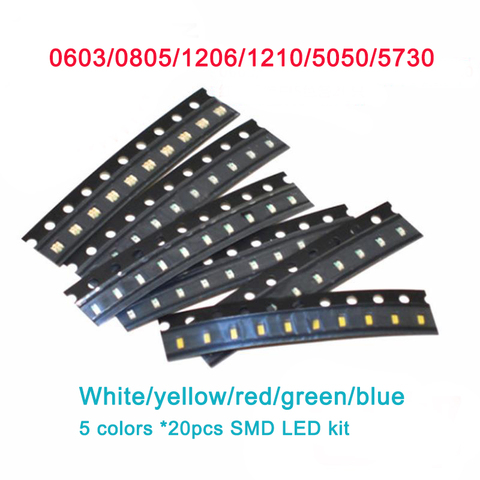 LED Diodes Light SMD 0603/0805/1206/1210/5050/5730 Diode Assortment set white/yellow /red/green/blue 5 colors*20pcs LEDs kit ► Photo 1/6