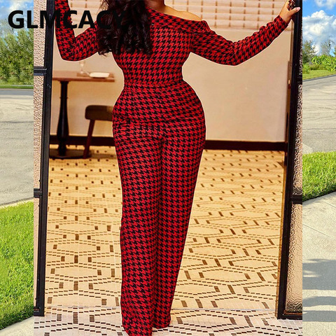 Women Skew Neck Off Shoulder Houndstooth Jumpsuits Elegant Streetwear Office Lady Workwear Party Overalls Outfit ► Photo 1/3