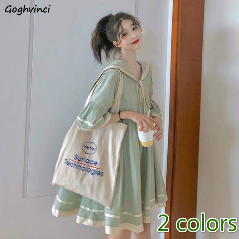 Short Flare Sleeve Dress Women Sailor-collar Bow Kawaii A-line Lace-up Pleated Striped Loose Harajuku Students Summer Preppy New ► Photo 1/6
