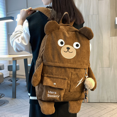 DCIMOR New Corduroy Cute Bear Women Backpack Female Embroidery Big Winter Schoolbag Multi-pocket Travel Bag for Teenage Girls ► Photo 1/6