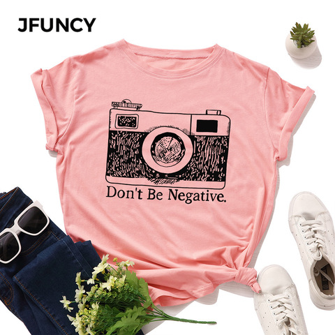 JFUNCY Plus Size Summer T-shirt Women 100% Cotton T Shirt Camera Printed Tshirt Short Sleeve Loose Woman Tops Female Tee Shirt ► Photo 1/6