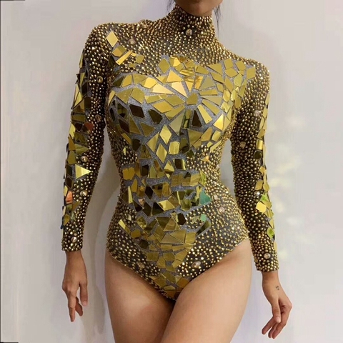 Shining Gold Rhinestones Mirrors Bodysuit Women's Birthday Celebrate Party Outfit DS Bar Singer Dancer Show Performance Costume ► Photo 1/6
