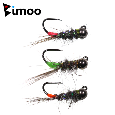 Bimoo 6pcs Black Tungsten Head Fluorescent Orange Pink Green Jig Fly Euro Nymph Perdigon Nymphs Fast Sinking Trout Fishing Lure ► Photo 1/6