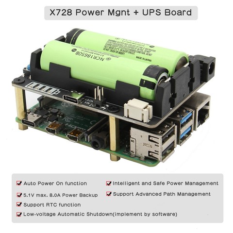 X728 UPS HAT& Power Management Board with Plug, Auto On & Safe Shutdown & AC Power Loss Detection for Raspberry Pi 4B/3B+/3B ► Photo 1/4
