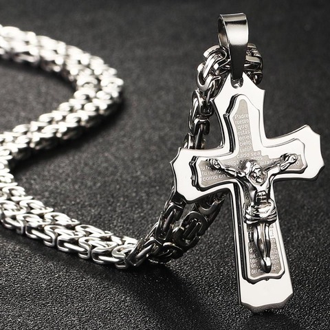 Bible Silver Color Jesus Cross Stainless Steel Pendants Necklaces Byzantine Long Chain Necklace for Men Jewelry colar collier ► Photo 1/6