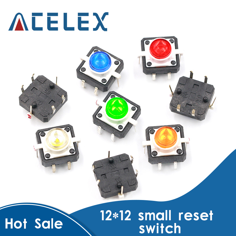 5PCS NEW  12X12X7.3 Tactile Push Button Switch Momentary Tact LED 5 color