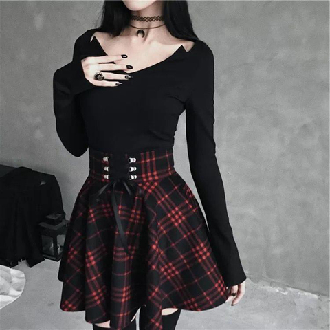 Women's Gothic Skirt Women Pleated Plaid s Spring Autumn Girl Hip Hop Female Punk Goth Mini  Clubwear ► Photo 1/6