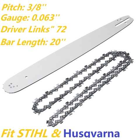 20 Inch Chainsaw Guide Bar & Wood Cutting Saw Chains 3/8'' 72DL 72 Driver Links .063