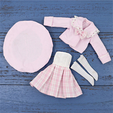 Fortune Days Blyth Icy DBS doll clothes Pink coat tube top checkered skirt and hat suit for 1/6 30cm JOINT body ► Photo 1/4