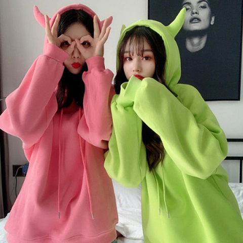 Baggy Sweatshirt With Horns Cartoon Pullover Hoodie Women Streetwear Poleron Mujer 2022 Plain Korean Oversized Boyfriend Hoodie ► Photo 1/6