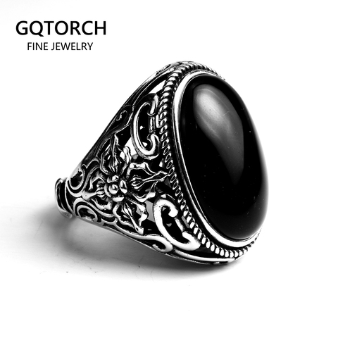 Real Solid 925 Sterling Silver Mens Ring Vintage Punk Style Black Onyx Natural Stone Hollow Design Women Jewelry Christmas ► Photo 1/6