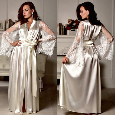 Womens Sexy Silk Satin Deep V Bathrobe Robe Lingerie Sleepwear Nightwear  Babydoll Robe Underwear Night Dress Sleepdress ► Photo 1/6