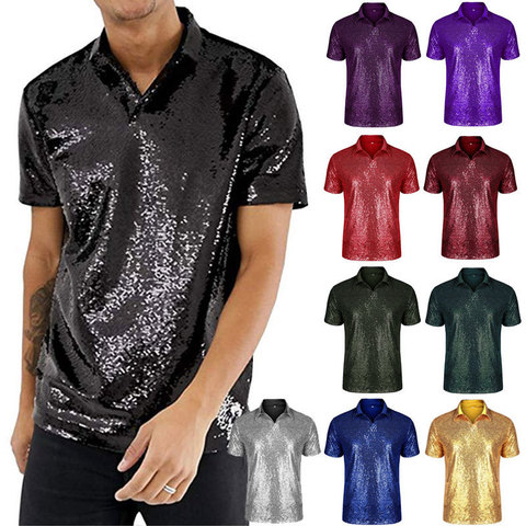 Men's T-shirts 2022 New Fashion Casual Short Sleeve Folded Sequins 10 Color Disco Nightclub Party T-Shirt Top Men's Clothing ► Photo 1/6