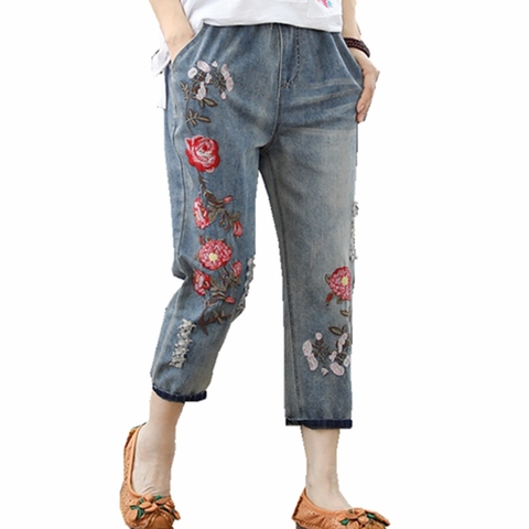 Elastic Waist Retro comfortable Vintage Jeans For Woman Calf-length Harem pants With Flower Embroidery  Female Trousers Female ► Photo 1/6