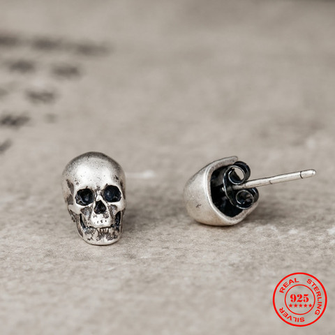 MKENDN 100% 925 Sterling Silver Creative Retro Skull Stud Earring Trendy Street Punk Style Ear Pin for Men Women Fine Jewelry ► Photo 1/6