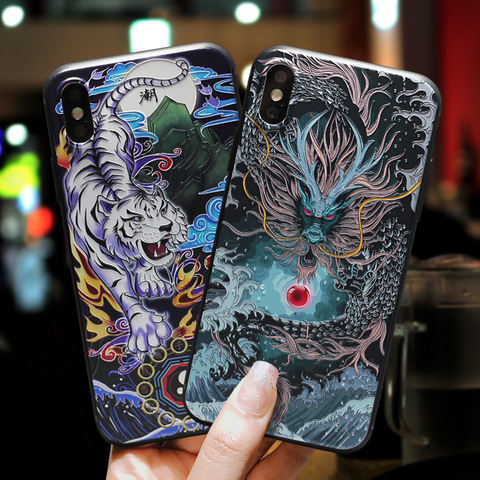 for iPhone 12 XR XS 11 Pro Max Mini X SE 2022 8 7 Plus 6 6s Case 3D Relief Dragon Tiger Pattern Matte Soft Drawing Cover Funda ► Photo 1/6