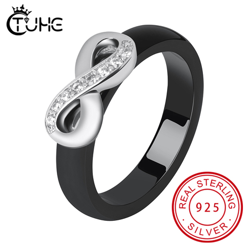 925 Elegant Rings Women 4mm Black White Ceramic Ring India Stone Crystal Infinity Comfort Wedding Rings Engagement Brand Jewelry ► Photo 1/6