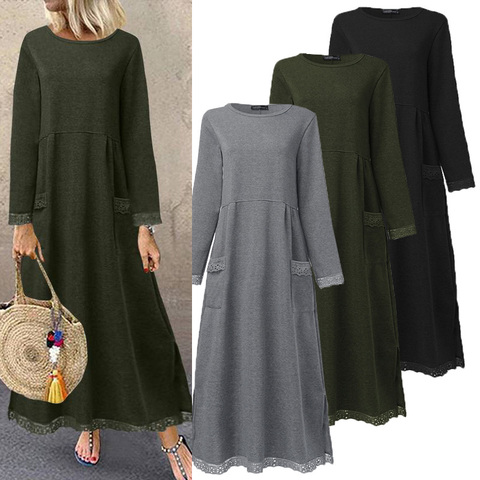 Fashion Women's Autumn Sundress ZANZEA 2022 Lace Patchwork Sweatshirts Dress Female Hoodies Plus Size Maxi Vestidos Pullover 5XL ► Photo 1/6