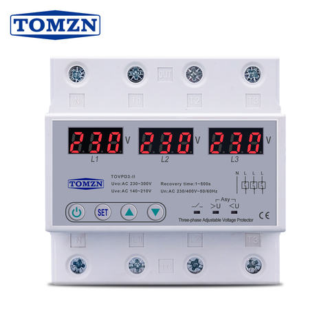 Three Phase voltmeter Adjustable Over and Under Voltage Protector 3 Phase Automatic Recovery Protective Device Reset 63A 380V ► Photo 1/6