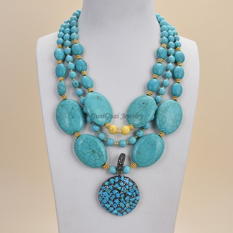 GuaiGuai Jewelry 18'' Turquoise Chips Pendant 3Rows Gold Color Plated Round Oval Blue Turquoise Necklace ► Photo 1/6