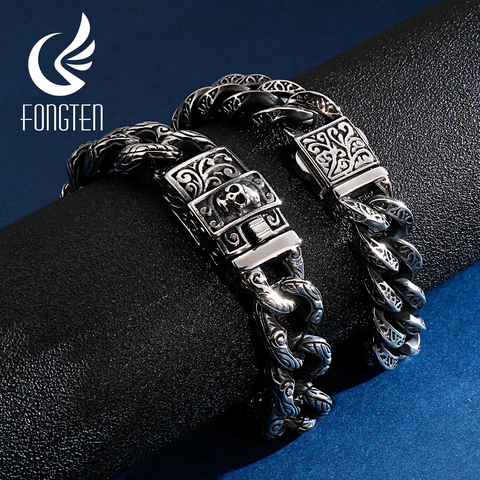 Fongten Vintage Skull Cuban Cuff Bracelet Stainless Steel Custom Charms Curb Link Chain Men Bracelets ► Photo 1/6