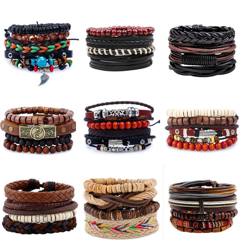 4-6PC Vintage Multilayer Leather Bracelet For Men Fashion Braided Handmade Rope Wrap Bead Charm Woven Bracelets Male Gift ► Photo 1/6