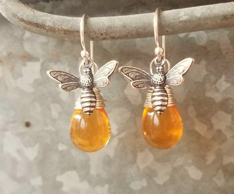 Silver Honey Bee Earrings. Honey Bee Jewelry. Wire Wrapped Drops Honey Amber Earrings ► Photo 1/5