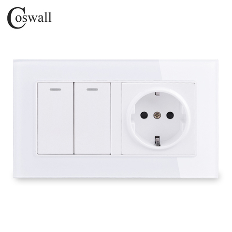 COSWALL Crystal Glass Frame Russia Spain EU Standard Wall Socket Grounded + 2 Gang 1 Way On / Off Light Switch 146*86mm ► Photo 1/3