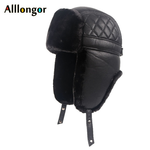 High Quality 2022 Winter Warm Leather Pilot Cap soviet Russian Ushanka Faxu Fur Hats Earflap Bomber Hat Men Black Snow hats ► Photo 1/6