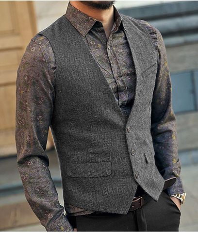 Grey Men's Vest Suit Boutique Wool Tweed Slim Fit Leisure Cotton Male Gentleman Beckham Business Waistcoat For Wedding Groomsmen ► Photo 1/6