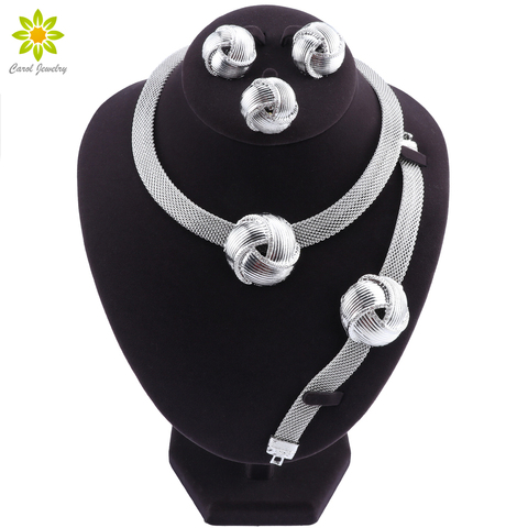 Exquisite Dubai Silver Plated Necklace Earrings Set Wedding Accessories Jewelry Set African Women Costume Jewelry Set ► Photo 1/6