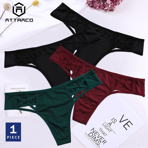 ATTRACO Underwear Panties Briefs 1 PCS Women's Thong Lace String Tanga Cotton Soft Sexy Colorful Bandage Cross Hollow-out ► Photo 1/6