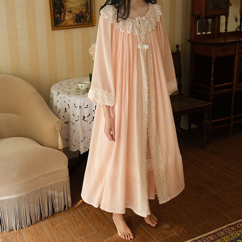 Robe Sets Princess Woman Cotton Dressing Gown Vintage Style Long Sleeve Robe Sleepwear 3 Color Pink White Blue ► Photo 1/6